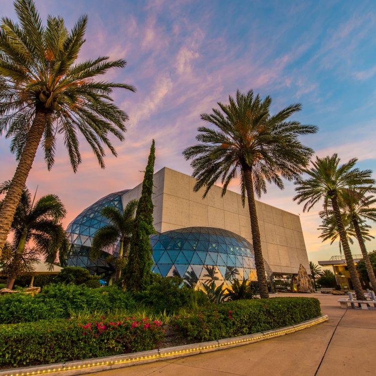 A view of the unique architecture of the Dali Museum at sunset.