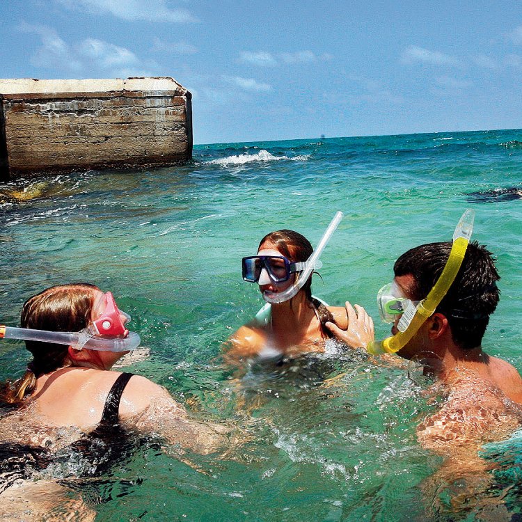 A group snorkeling in clear blue green water next to a fort.