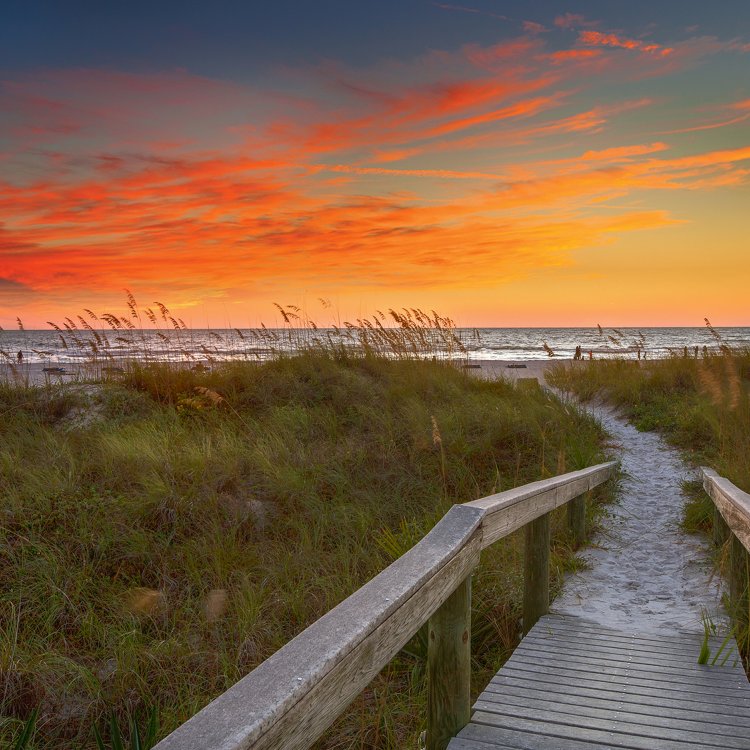 a wooden boardwalk through sea oats and other vegetation leads to the Gulf, the boardwalk is sandy, the sky is just after sunset with orange and blue colors