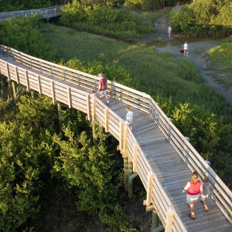 A wooden boardwalk with a few people walking through Boca Ciega Millennium Park