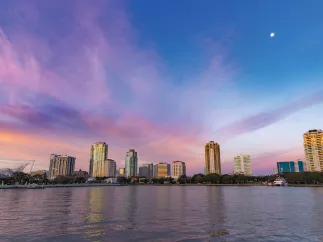 Blue and purple sunrise sky of St. Pete downtown skyline.