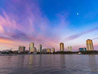 Blue and purple sunrise sky of St. Pete downtown skyline.