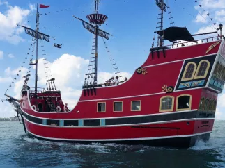 Captain Memo pirate boat, a fun replica of a pirate ship, cruising Clearwater Beach.