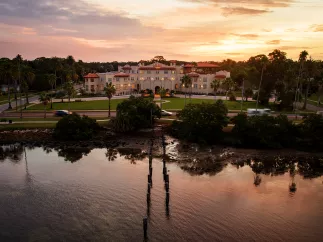 An aerial view of the waterfront at Fenway hotel in Dunedin at sunrise