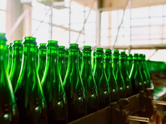 Several green beer glasses in line to be filled up in a brewery.