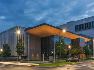 An exterior shot of the Museum of the American Arts and Crafts Movement at night