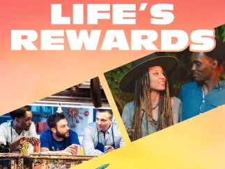 Series poster for season two of Life's Rewards featuring a young couple in love and three friends in a food truck.