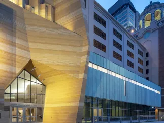 The exterior of the James Museum of Western and Wildlife Art at twilight