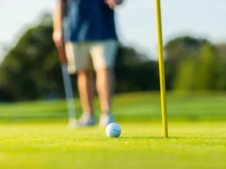 A golfer and golf ball near the hole