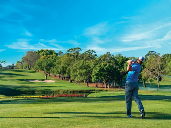 a golfer tees off at Innisbrook Resort in Palm Harbor