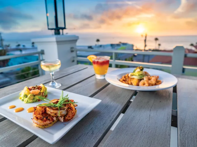 Outdoor dining at The Dewey during sunset