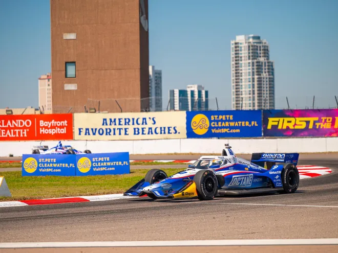 a race car on the street course at the Firestone Grand Prix in St. Petersburg