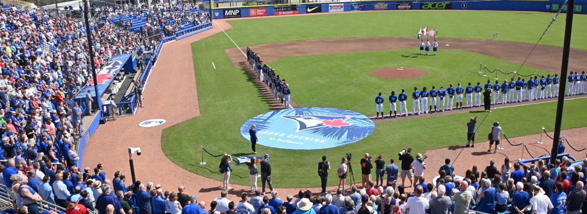 Blue jays Training field infield view of the baseball field and crowed with two teams lining the bases