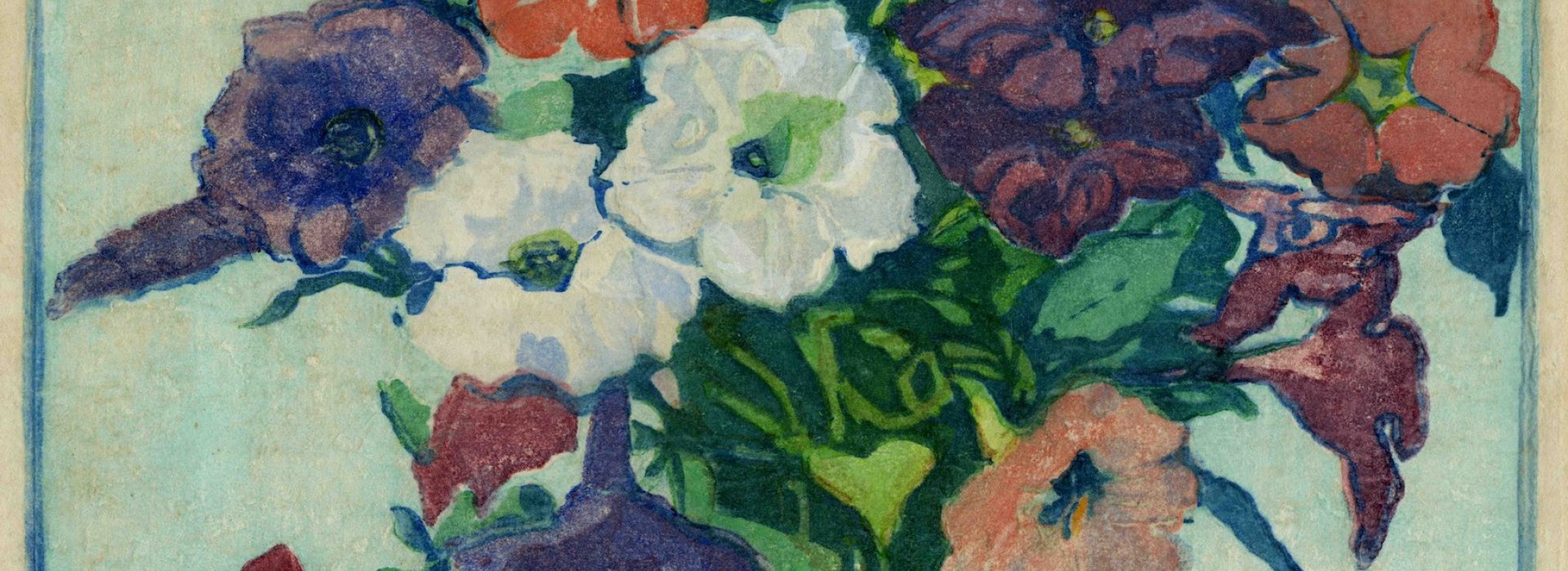 A wood block print featuring a vase full of purple, white, red and yellow petunias.