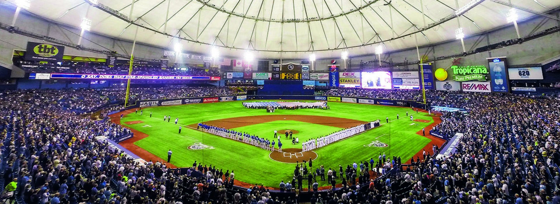 A wide view of the field of the Tampa Bay Rays in Tropicana Field.