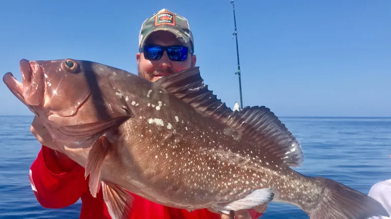 A fisherman holds up a recently caught fish