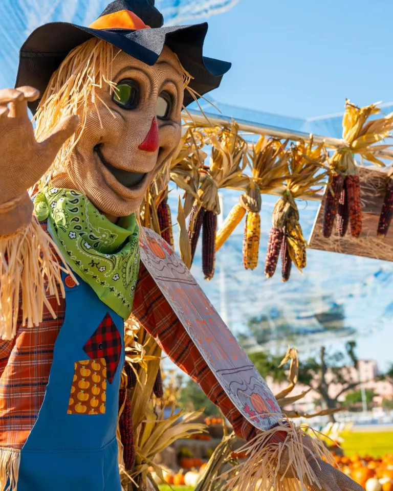 Scarecrow waving during St. Pete Pier pumpkin patch