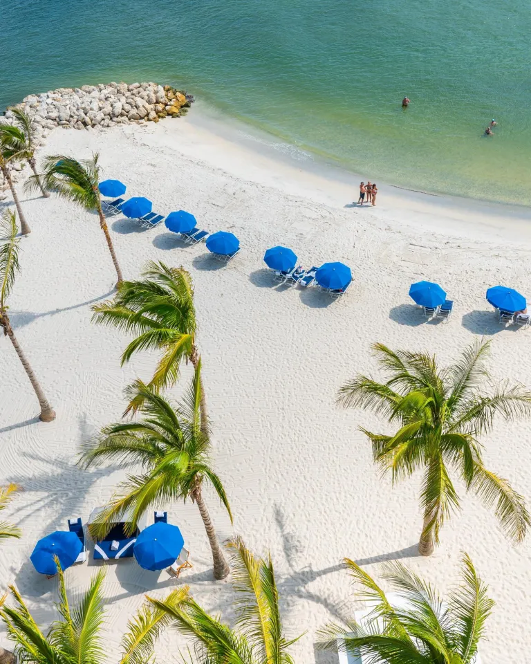 aerial view of swaying palm trees, blue umbrellas and white sand beach with rocks on the left side