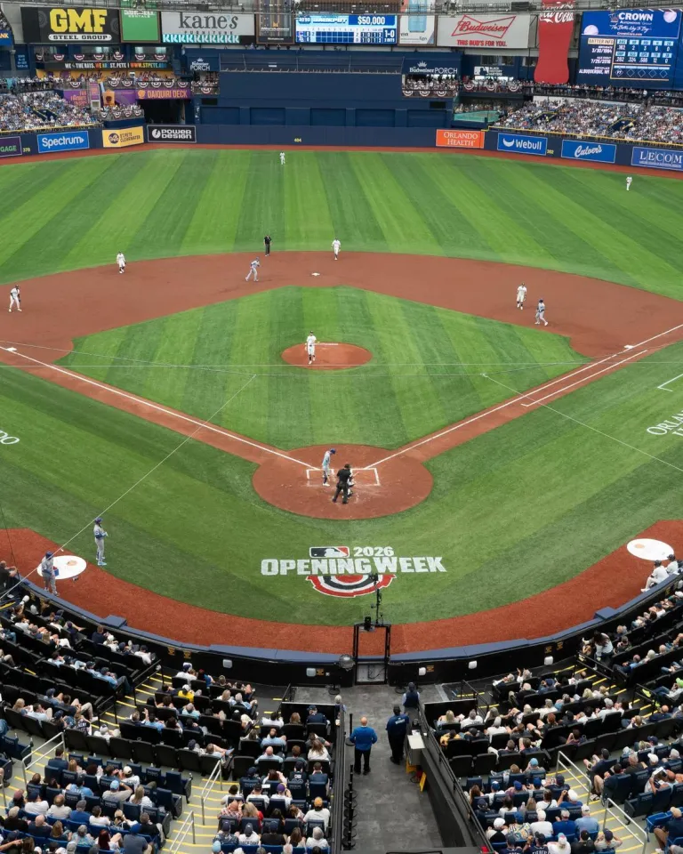 fans in the stands and the green field at Tropicana for a Tampa Bay Rays home game
