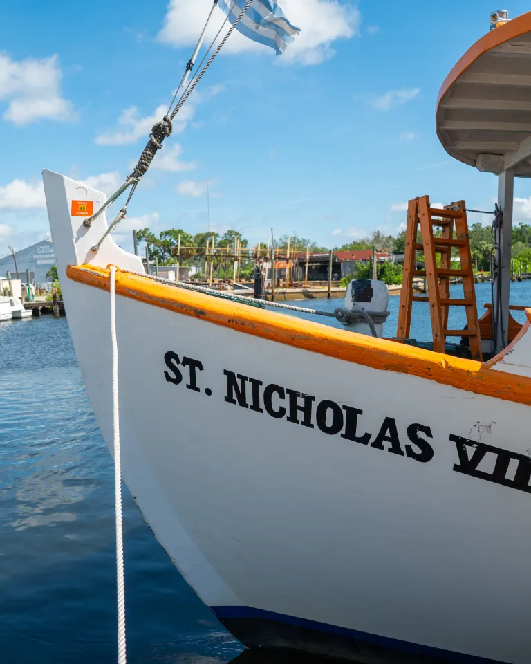 a sightseeing boat all St. Nicholas VII at dock near the historic Tarpon Springs Sponge Docks