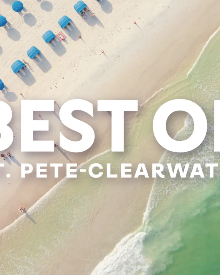 a beach image with many blue umbrellas with the words "Best of St. Pete-Clearwater" superimposed on top