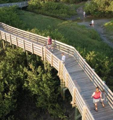 People walking on a boardwalk through Boca Ciega Millennium Park and people walking there dog in the fields 