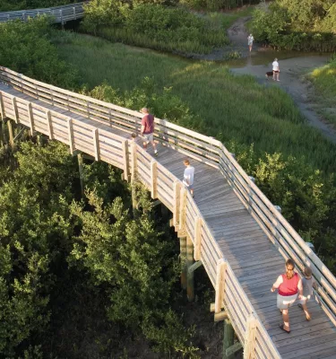 People walking on a boardwalk through Boca Ciega Millennium Park and people walking there dog in the fields 