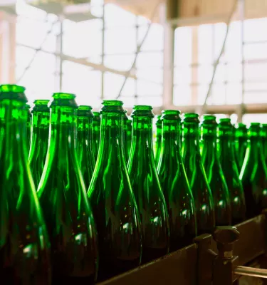 Several green beer glasses in line to be filled up in a brewery.