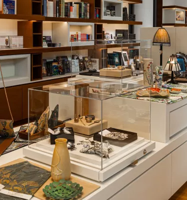 Jewelry, scarves and other items on display at the museum gift shop
