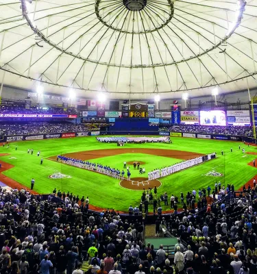 A wide view of the field of the Tampa Bay Rays in Tropicana Field.