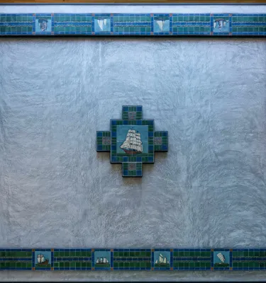 Handmade floor tiles From the turn of the 20th Century depicting a ship at sea.