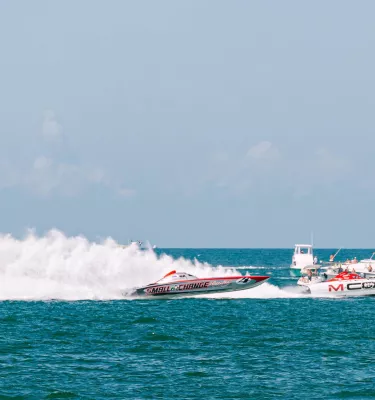 A boat races through the water at the Clearwater Offshore Nationals