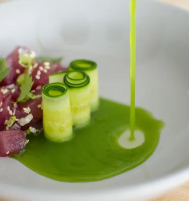 Raw tuna and sesame seeds with beautiful green cucumber rolls and a green sauce at The Restorative restaurant in Dunedin
