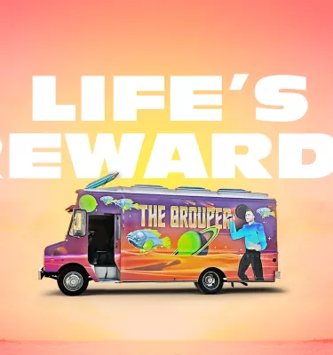 Life's Rewards season two series poster that includes the show title in white and a colorful food truck named 'The Grouper'.