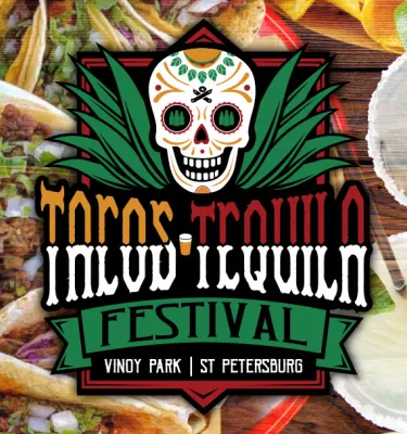 Tacos & Tequila festival promo poster featuring green writing, glasses of beer, a bottle of Don Julio tequila and soft tacos.