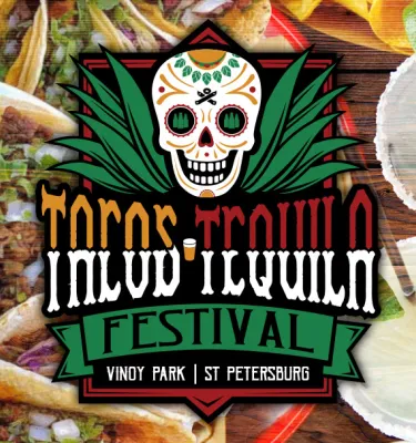 Tacos & Tequila festival promo poster featuring green writing, glasses of beer, a bottle of Don Julio tequila and soft tacos.