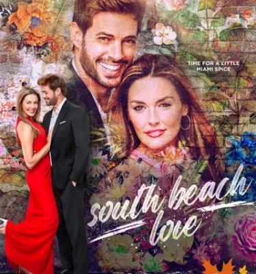 movie poster of a woman and man smiling against a decorated wall
