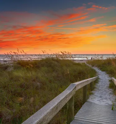 a wooden boardwalk through sea oats and other vegetation leads to the Gulf, the boardwalk is sandy, the sky is just after sunset with orange and blue colors