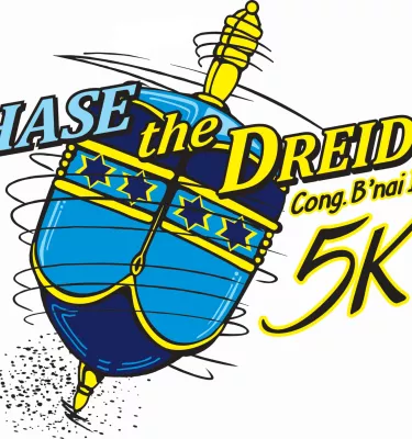 Yellow and blue flyer poster reading "Chase the Dreidel Cong. B'nai Israel 5K".