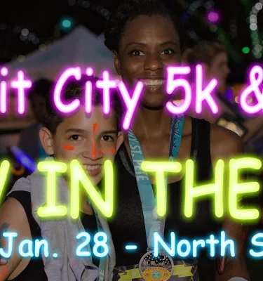 2023 Fit City 5K & 1 Mile Glow in the Park event poster featuring a mom and son outside at a park.