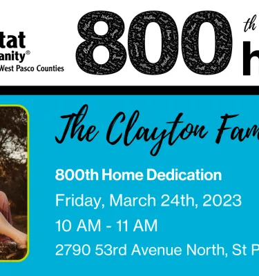Habitat for Humanity 800th home poster featuring a photo of a mother and daughter with event details.