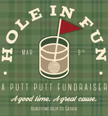 Hole In Fun March 9th A Putt Putt Fundraiser event flyer poster featuring a red mini golf flag and green checkered background.