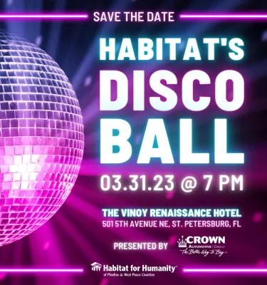 Habitat's Disco Ball event flyer poster featuring a disco ball in purple lighting.