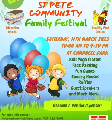 Event flyer poster for the St. Pete Community Festival featuring cartoon kids holding balloons and event details.