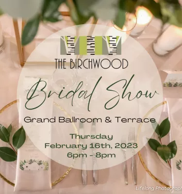The Birchwood Bridal Show event poster featuring a pink tablecloth, green flowers and candles.
