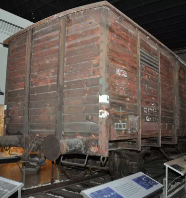 a wooden boxcar exhibit at the Florida Holocaust Museum in St. Pete