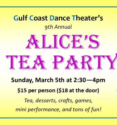 Alice's Tea Party yellow event flyer poster featuring the Alice Disney cartoon and her cat.