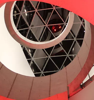 Winding red and white staircase at the Dali Museum.