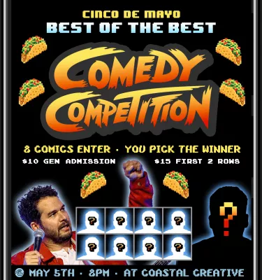 Best of the Best comedy competition event flyer poster featuring cartoon tacos and a man talking into a microphone.