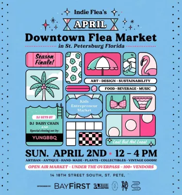 Downtown Indie Flea Market event flyer poster featuring a blue background and pink icons.